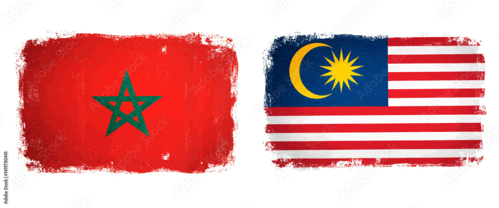Morocco and Malaysia Flags with Brush Stroke Texture Morocco and Malaysia Flags with Brush Stroke Texture