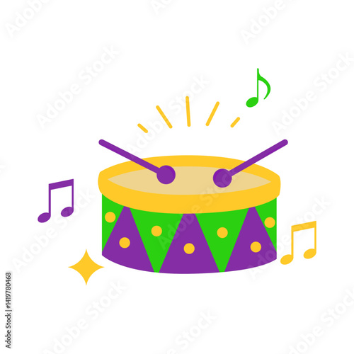 Mardi Gras Celebration Drum in Purple, Green, and Yellow with Musical Notes