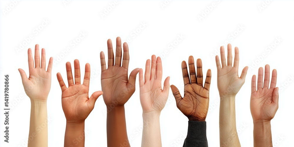 Diverse hands raised on white background Diverse hands raised on white background