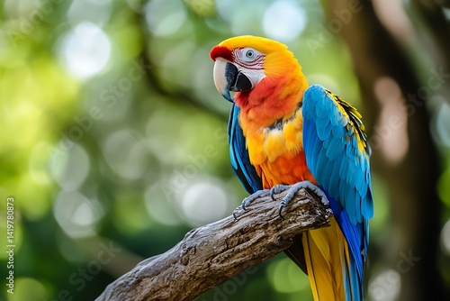 Wallpaper Mural Vibrant Macaw Perched On Branch With Colorful Plumage In Green Bokeh Background Torontodigital.ca