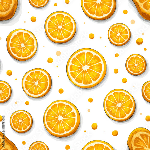 Orange Slice Pattern with Juice Droplets on White