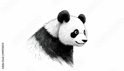 Panda Bear Portrait, Black and White Sketch Style Illustration