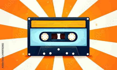 Retro Cassette Tape on Orange Burst Background