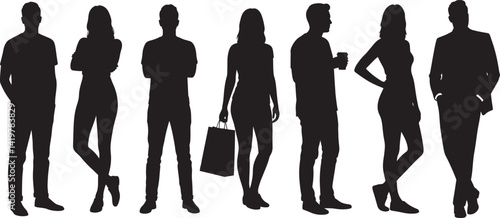 Flat vector silhouettes of casually dressed men and women standing in different full-body poses, solid black figures isolated on white background for creative design