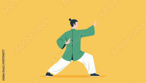 Tai Chi Master in Green Uniform on Yellow Background