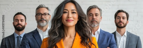 Group of business people standing together smiling in front of a white wall.