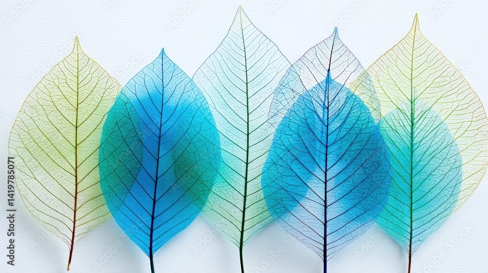 Obraz premium Delicate, colorful leaves in shades of blue and green, showcasing intricate vein patterns against a light background.