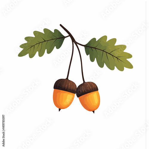 Two acorns hanging from a branch with green leaves
