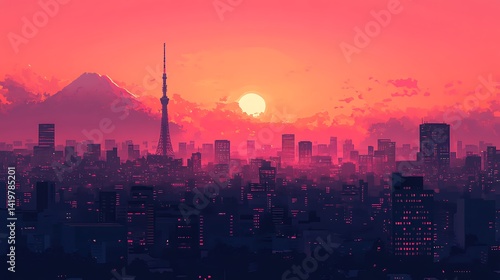 Flat design of Tokyo from Shibuya skyline view, silhouette of dense urban buildings, Skytree rising in the distance, Mt. Fuji barely visible in the far haze, pink-orange evening sky, hd quality,