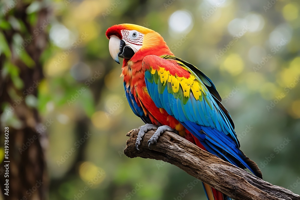 Vibrant Parrot Perched On A Branch Showcasing Colorful Feathers In A Natural Environment Vibrant Parrot Perched On A Branch Showcasing Colorful Feathers In A Natural Environment