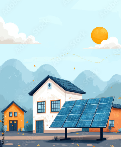 Watercolor houses with solar panels and mountain backdrop