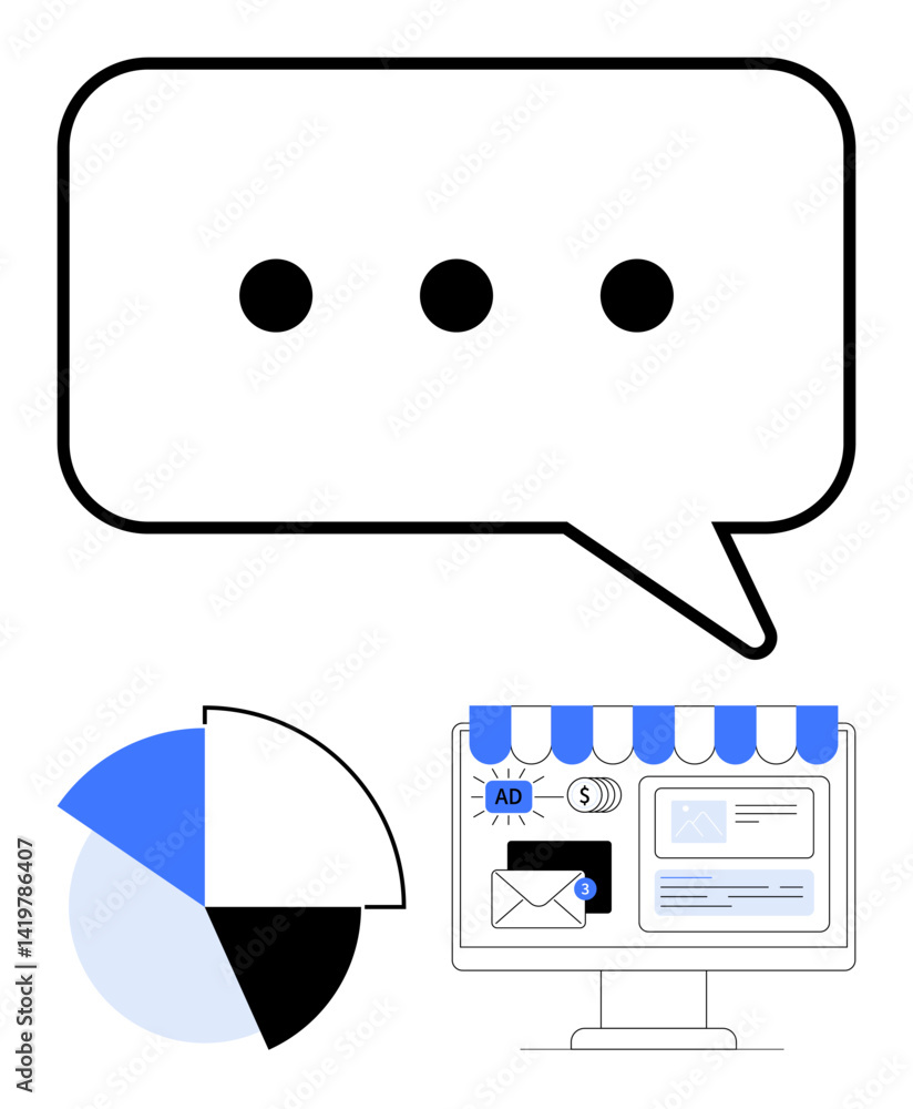 Speech bubble, pie chart, and computer with storefront visuals representing communication, marketing, and data analytics. Ideal for conversation, analytics, marketing, e-commerce strategy online Speech bubble, pie chart, and computer with storefront visuals representing communication, marketing, and data analytics. Ideal for conversation, analytics, marketing, e-commerce strategy online