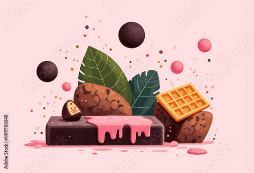 Whimsical Dessert Still Life with Pink Glaze and Waffle
