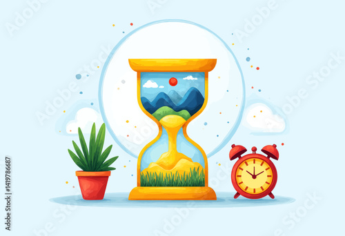 Whimsical Hourglass with Landscape, Alarm Clock, and Plant