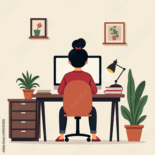Woman works at desk with computer and plants illustration