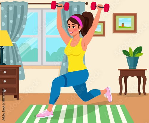 Woman Doing Lunges with Dumbbells at Home