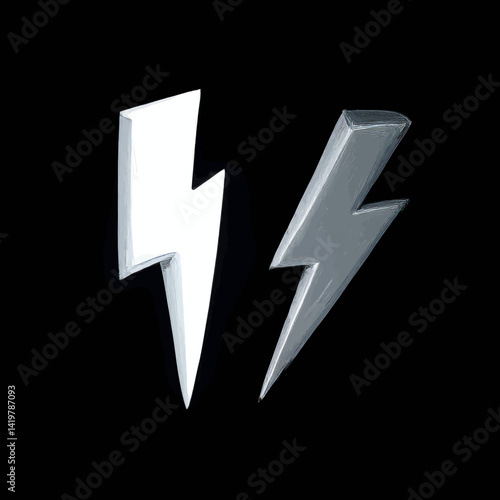White and silver lightning bolts on black background
