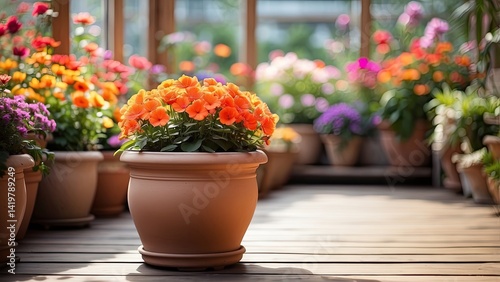 Wallpaper Mural A serene greenhouse interior featuring rows of vibrant flowering plants in terracotta pots Torontodigital.ca