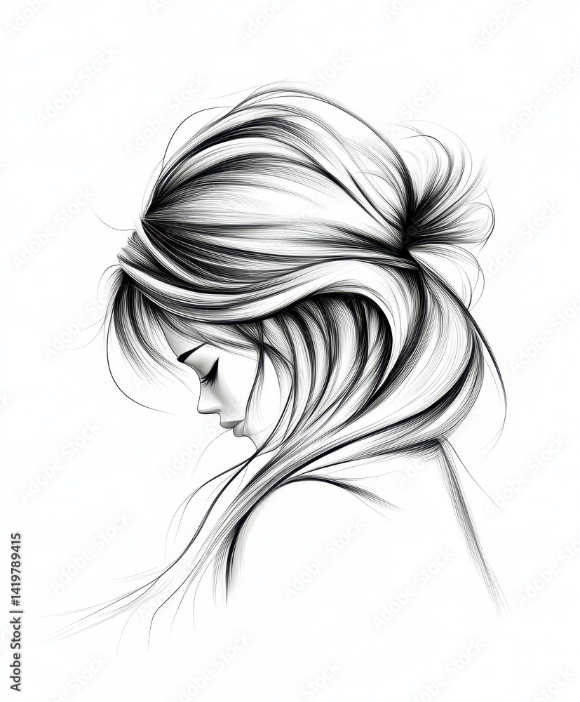 Intricate line art of a woman’s profile with flowing, textured hair, creating a delicate and artistic portrait Intricate line art of a woman’s profile with flowing, textured hair, creating a delicate and artistic portrait