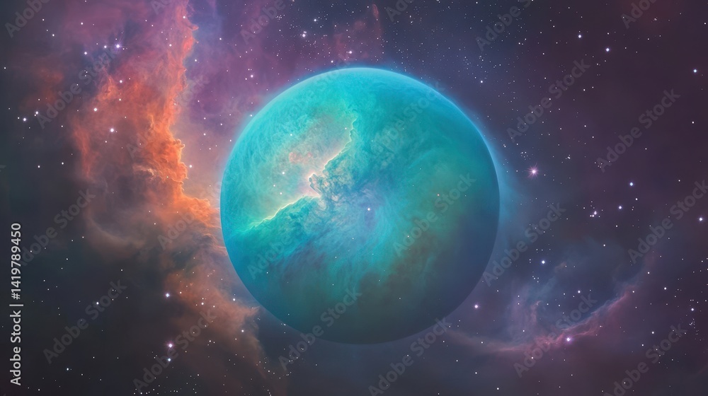 Obraz premium Stunning cosmic scene featuring a blue planet surrounded by colorful nebulae in the vast universe.