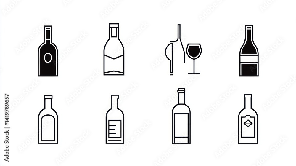 Wine Bottles & Glasses Icons Set Wine Bottles & Glasses Icons Set