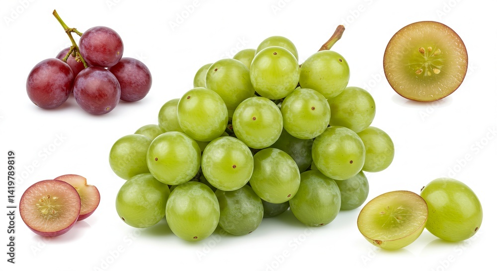 Fresh Green and Red Grapes with Halved Pieces Isolated on White Background Fresh Green and Red Grapes with Halved Pieces Isolated on White Background
