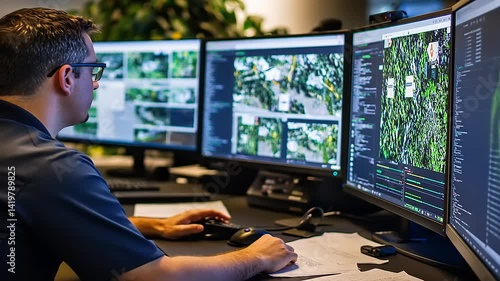 Man analyzing satellite images on multiple monitors in a modern office with greenery in the background