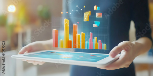 3D pension report on a floating business tablet screen featuring customizable financial charts and KPIs