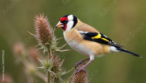 European Goldfinch Macro on Thistle with Red Face and Gold Wing Feathers

