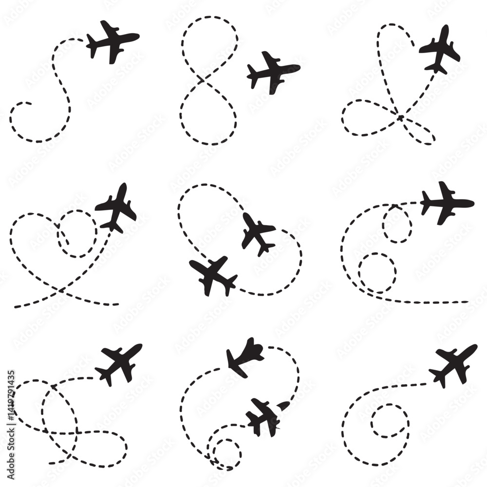 Airplane line path travel line icon set. Airplane path in dotted line shape. Airplane routes set. Romantic travel, heart dashed line trace and plane routes Vector Black silhouettes. Airplane line path travel line icon set. Airplane path in dotted line shape. Airplane routes set. Romantic travel, heart dashed line trace and plane routes Vector Black silhouettes.