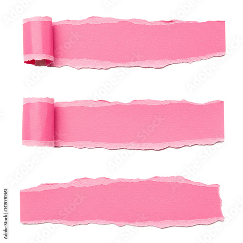 pink ripped paper torn edge strips isolated on white background	