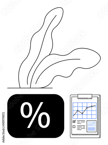 Abstract plant outlines paired with a percentage block and a financial clipboard chart. Ideal for investment, economy, growth, sustainability, finance, business analysis, profitability. Flat simple
