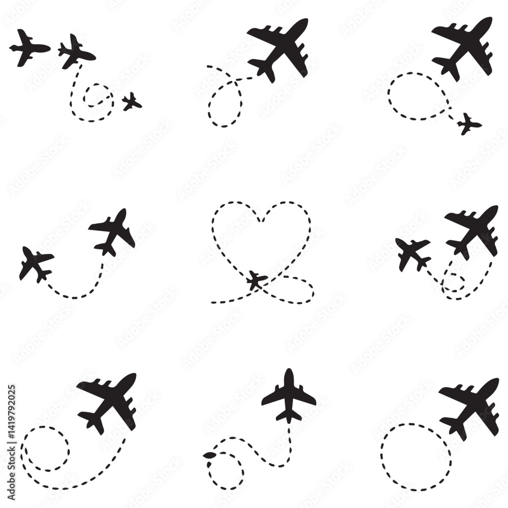 Naklejka premium Airplane line path travel line icon set. Airplane path in dotted line shape. Airplane routes set. Romantic travel, heart dashed line trace and plane routes Vector Black silhouettes.