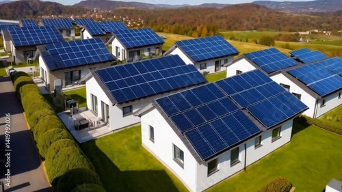 Wallpaper Mural Solar panels on rooftops: video shows a panorama of a residential area with numerous houses equipped with solar panels, symbolizing sustainable energy and eco-friendliness. Torontodigital.ca