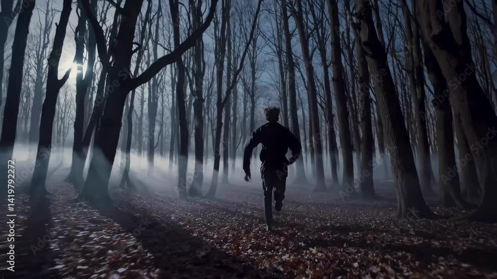 Silhouette lone man runs quickly down path dense foggy woods eerie light beams pierce darkness mysterious suspenseful atmosphere suggests escape pursuit danger thrill determination cinematic mood Silhouette lone man runs quickly down path dense foggy woods eerie light beams pierce darkness mysterious suspenseful atmosphere suggests escape pursuit danger thrill determination cinematic mood
