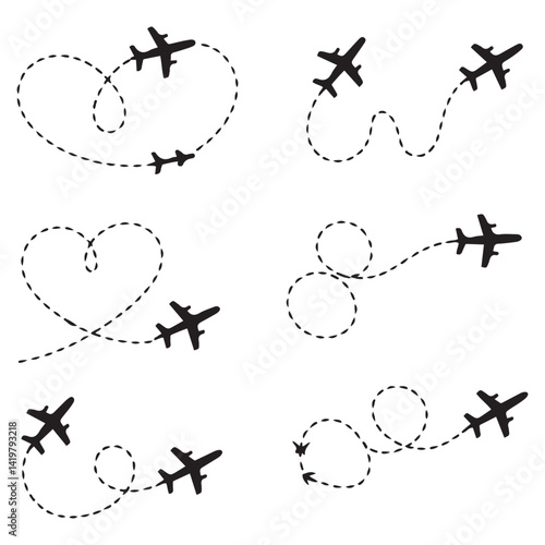 фотографія Airplane line path travel line icon set