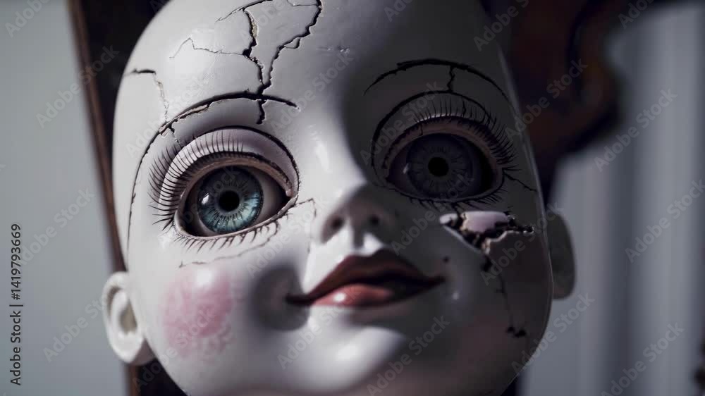 Unsettling closeup vintage doll face cracked porcelain staring eyes evokes feelings horror fear broken childhood innocence lost eerie atmosphere fragility creepy toy haunted
