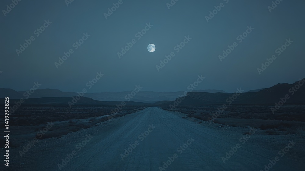 Fototapeta premium Serene Moonlit Road in Desert Landscape at Dusk with Clear Night Sky and Mountains in the Background