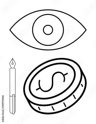 Eye symbol for vision, fountain pen for creativity, coin for wealth. Ideal for innovation, entrepreneurship, writing, financial management, design thinking, strategy simple landing page