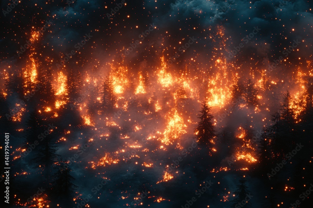 Naklejka premium Dramatic forest fire rages at night, illuminating trees and sparking an intense, dangerous wildfire landscape
