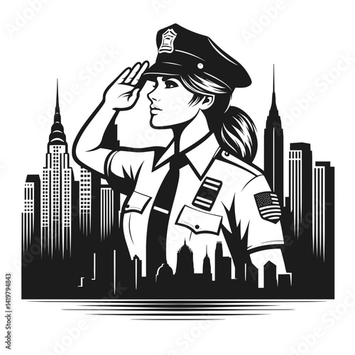 Female Policewoman Saluting Against City Skyline Background  