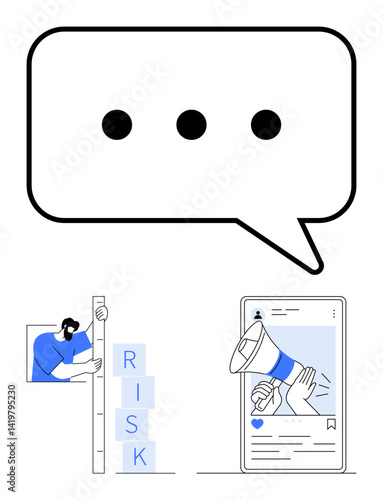 Speech bubble with ellipses symbolizing dialogue, person assessing risk blocks, megaphone over mobile for social interaction. Ideal for teamwork, business planning, communication skills, risk