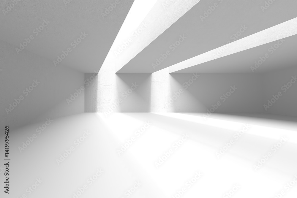 Minimalist interior space with sunlight illuminating empty white room. 3d render. Minimalist interior space with sunlight illuminating empty white room. 3d render.