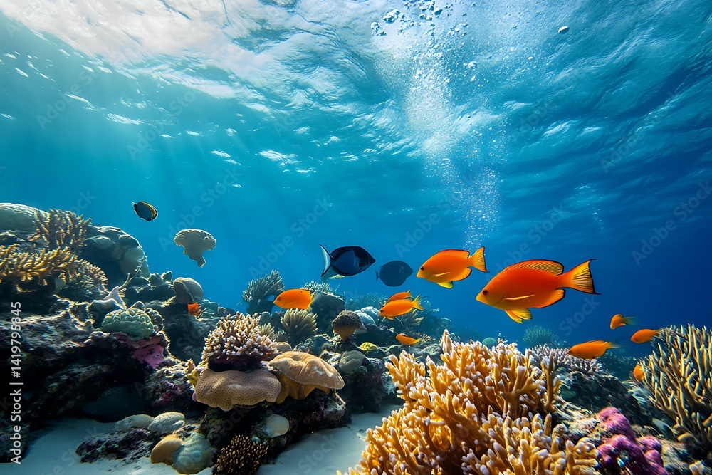 Naklejka premium Vibrant Underwater Scene Showcasing Coral Reefs and Diverse Fish in Sunlight
