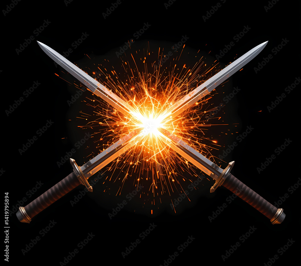 Fototapeta premium Two swords clashing, creating a fiery explosion on contact. Isolated on a transparent layer, sparks and heat visible.