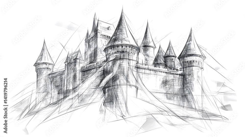 Naklejka premium A sketched imposing castle with pointed towers and strong walls rendered in a linear expressive style against a white backdrop.