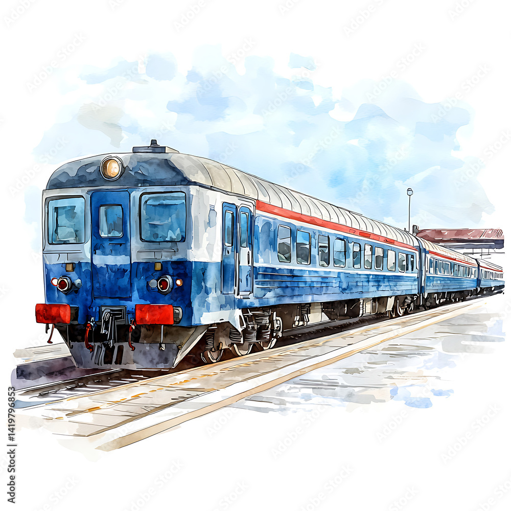 Watercolor illustration of a blue and white train on tracks at a station with cloudy sky background. Watercolor illustration of a blue and white train on tracks at a station with cloudy sky background.