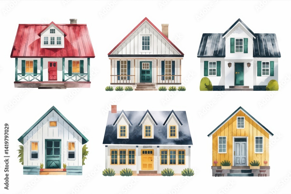 Watercolor illustrations of charming, rustic homes. Watercolor illustrations of charming, rustic homes.
