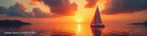 Silhouetted sailboat at sunset, tranquil ocean Golden hour colors , tranquil, idyllic, gold