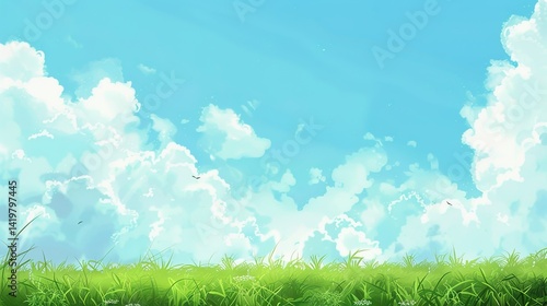 Grassland and White Clouds Natural Background: A Serene Tapestry of Earth and Sky
